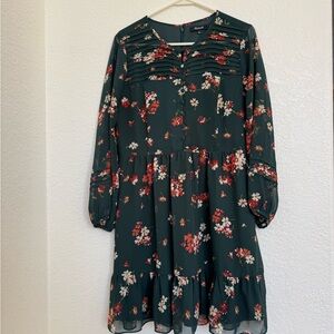 MADEWELL Dress Cottage Core Green floral Sheer Sleeve Pintuck Ruffle Sz 6